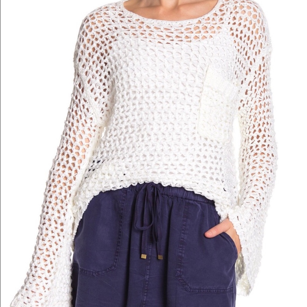 On The Road White Open-Knit Crochet Pocket Top